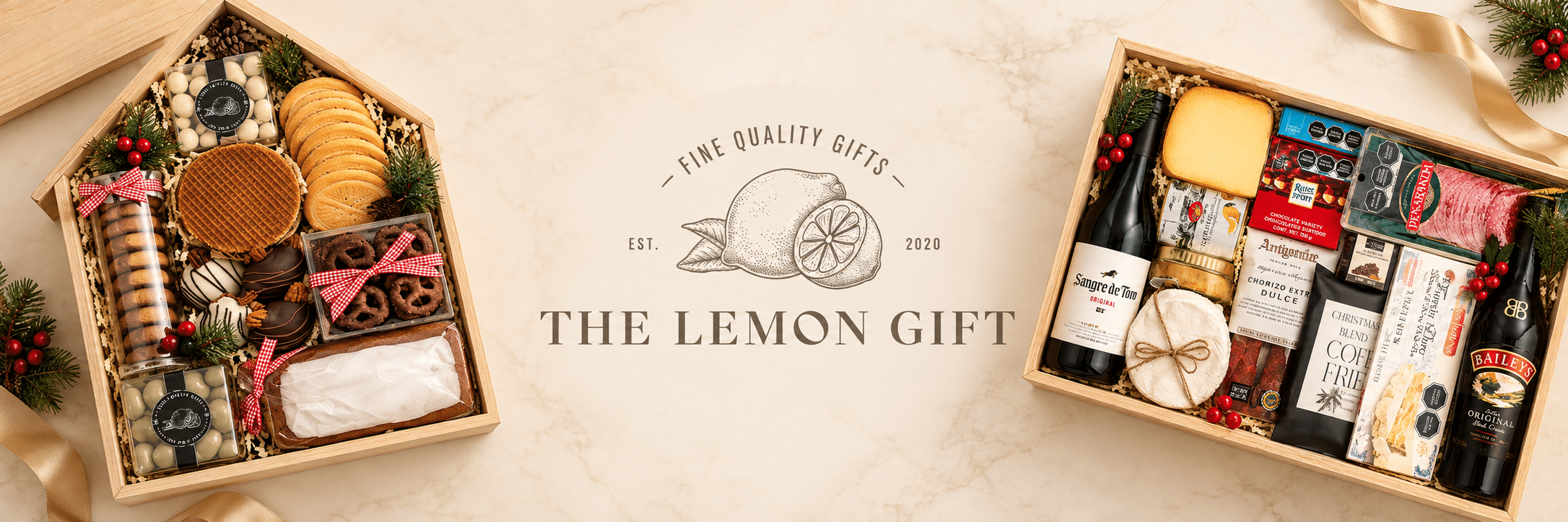 The Lemon Gift, Fine Quality Gifts: cajas de regalo navideñas con vino, quesos, galletas y chocolates